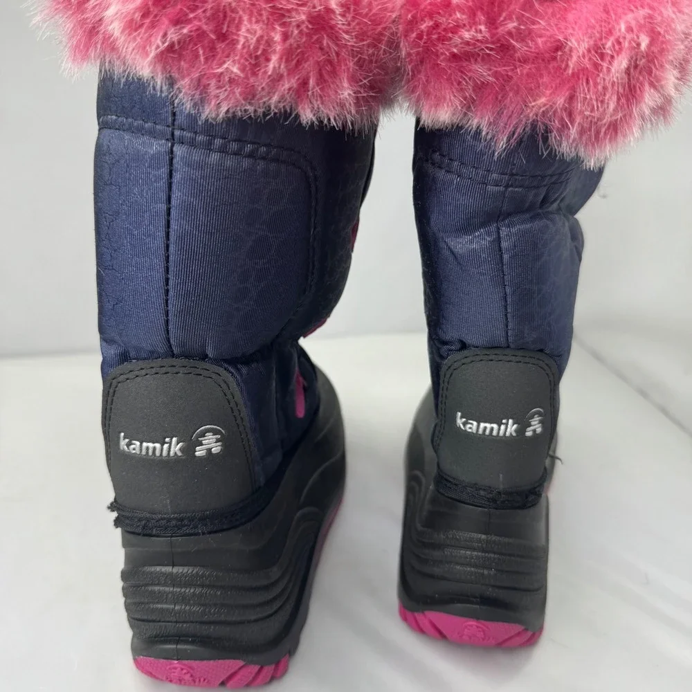 Kamik Snow Boots Kids Size 3 Navy Pink Faux Fur Winter Waterproof